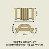This sandpit sand and water table cum picnic bench for two is 102cm long x 62cm wide x 50cm high