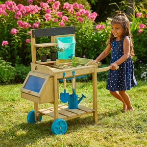 Cozinha de lama 2 em 1 de madeira natural Deluxe Montessori Eco e FSC | Banco para vasos | 3 anos ou mais