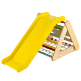 4-i-1 børne klatrestel i birketræ | Montessori Pikler trekant, rutsjebane og klatrer | Naturligt træ gul rutsjebane