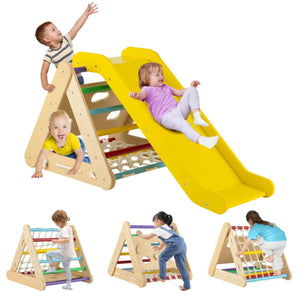 5-i-1 børne klatrestel i birketræ | Montessori Pikler trekant, rutsjebane og klatrer | Naturligt træ og flerfarvet