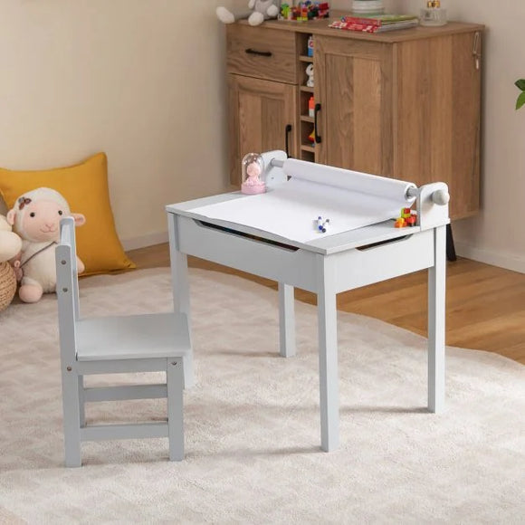 Children's Montessori Homework Desk & Ergonomic Spine-Supporting Chair | Paper Roll | Light Grey