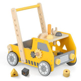 Close-up of wooden activity walker with shape-sorting blocks