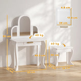 White children’s dressing table showing dimensions for set