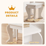 Close-up of matching white stool, curved legs and rounded tabletop edges