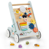 Pastel green wooden baby walker with xylophone and shape sorter