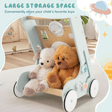 Educational wooden baby walker with shape sorting toys and rear storage