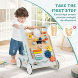 Child playing with a wooden activity cart in a bright room