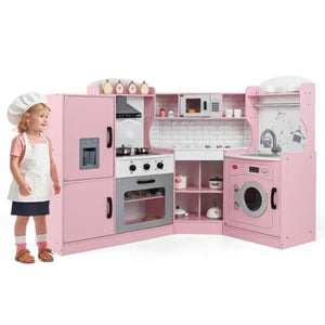 Deluxe Large Space Saving Corner Toy Kitchen | Ice Maker | Ovens | Washing Machine | Lights & Sounds | 3-10 Yrs | Pink