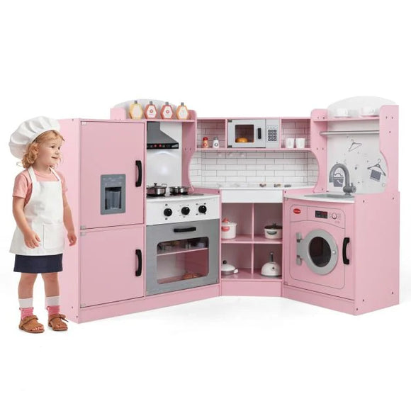 Deluxe Large Space Saving Corner Toy Kitchen | Ice Maker | Ovens | Washing Machine | Lights & Sounds | 3-10 Yrs | Pink