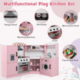 Pink play kitchen set with various components labeled on a white background