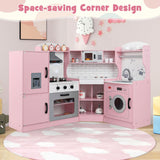 Pink children's play kitchen set with appliances in a room with a pink wall and rug.
