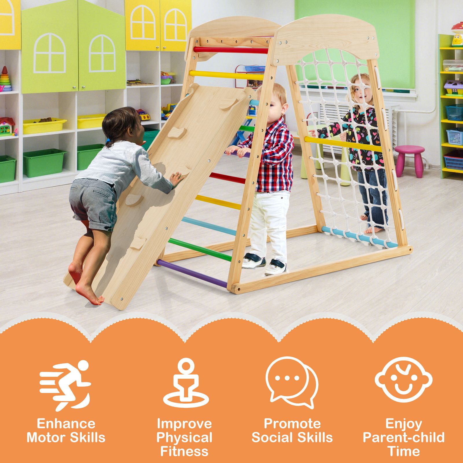 Montessori 6 in 1 Indoor Eco Wood Gym Climbing Wall Slide 12m www.littlehelper