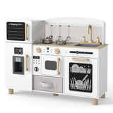 Pretend ice dispenser on a white wooden play kitchen with gold handles.