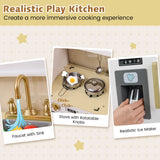 Toy cooking area with metal pans, hanging utensils and gold turning knobs.