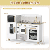 White children’s play kitchen showing its 86 cm width, 25 cm depth and 69 cm height.