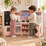 Pink wooden corner play kitchen with realistic lights and cooking sounds