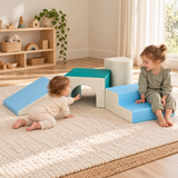 Blue foam slide with cream sides for toddler indoor play.