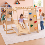6-in-1 wooden indoor climbing frame with slide and basketball hoop