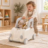 4-in-1 toddler push walker and ride-on train with toy storage in white and grey
