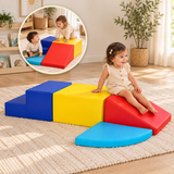 Four-piece toddler soft play set with blue steps, yellow platform, red ramp and turquoise mat