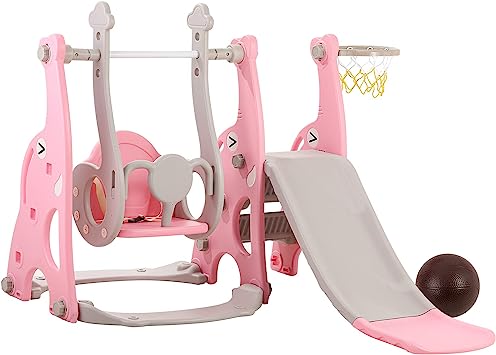 Children's Montessori Swing and Slide Set | Basketball Hoop | Indoor Outdoor | Pink, Grey or Blue