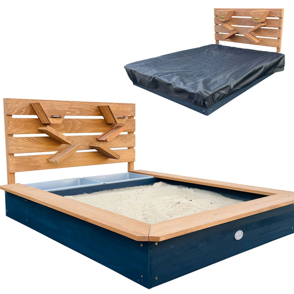 Wooden sandpit with blue cover on a white background