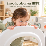 Toddler playing with the interactive rings and gears on the baby playpen activity panel