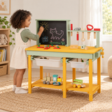 Children’s wooden workbench with toy tools and two storage baskets
