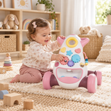 One-year-old child using blue baby push walker in neutral playroom