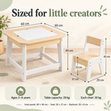 Kids table and two chairs dimensions showing 60 × 60 × 49 cm table and 23 cm seat height