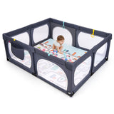 large baby playpen with mat balls and pull up rings in dark grey