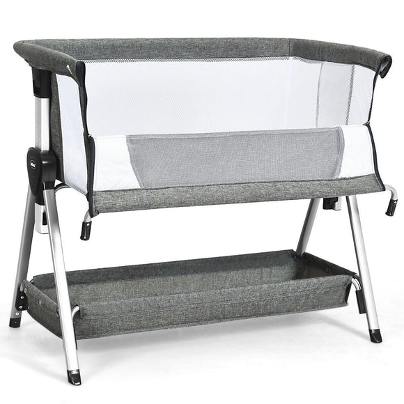 Dark Grey Deluxe Next-to-Me Baby Crib | Linen with Breathable Mesh | 7 Adjustable Heights | Wheels | 0-12m