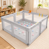 Grey 127 x 127cm baby playpen with basketball hoop and pull up rings