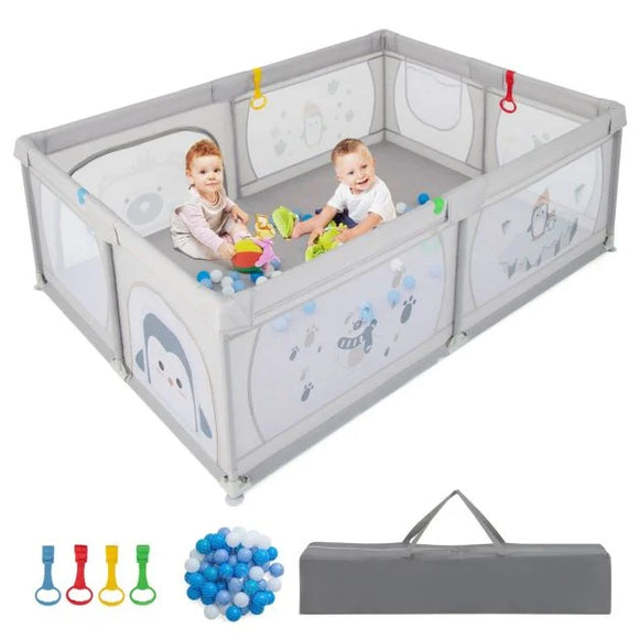 XXL Baby Playpen and Ball Pool | Carry Bag  & Pull-up Rings | 2. x 1.47m | Polar Pals | Grey