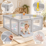Foldable baby playpen showing features of pull up rings, padded corners, mesh sides and zip access