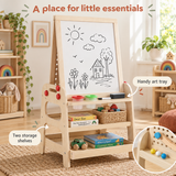 Wooden children’s easel with two storage shelves and art accessory trays