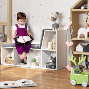 Regał dla dzieci | Szafka na zabawki | Fotel do czytania dla dzieci | Kolor biały z szarym siedziskiem