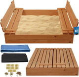 XL Wooden Sandpit With Foldable Bench Seats & Liner | 120 x 120cm