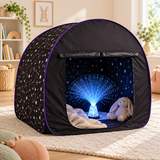 Little Helper black pop-up sensory tent with purple trim in a neutral playroom
