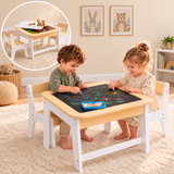 Children’s wooden table and two chairs in natural wood and white with hidden storage