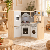 Wooden corner toy kitchen for children with oven microwave and sink