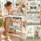 Modern sage green baby highchair in a stylish family kitchen with natural wood finishes