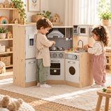 Kids corner wooden play kitchen with accessories in white and natural
