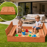 Wooden sandpit with lid and bench seats for garden play
