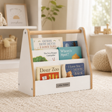 White and natural mini kids bookcase with front-facing books