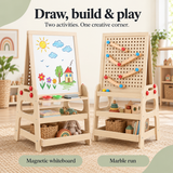 Wooden kid's easel and marble runwith two storage shelves and art accessory trays