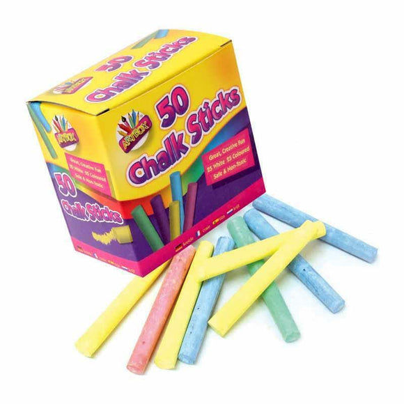 Large Pack of Chalk Sticks | 50 Long Sticks in White, Pink, Green, Orange, Blue & Yellow