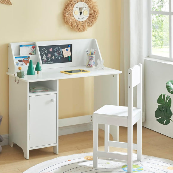 Montessori Homework Desk | Blackboard | Bookshelf | Storage & Ergonomic Chair | White | 5 Years+