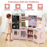 side view of pink corner toy kitchen in a children’s room setting