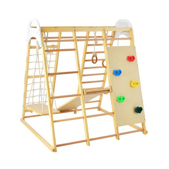 Children's 8-in-1 Eco Wood Montessori Climbing Gym with Swing | Slide | Climbing Wall | Monkey Bars | Natural | 3 Years+